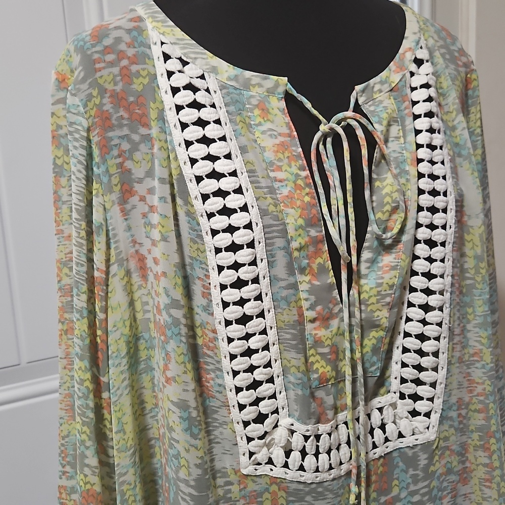 Daniel Rainn Sheer Abstract Print Peasant Boho Tunic Coverup Top 1X - Picture 2 of 14